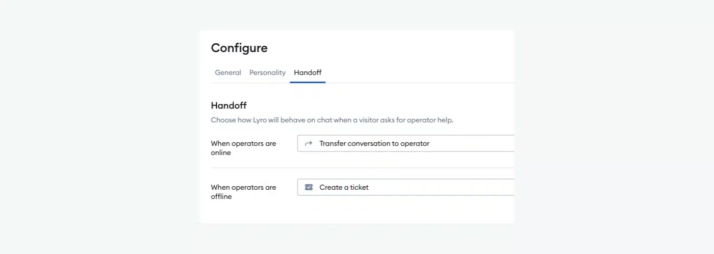 Lyro's handoff settings showing options for escalating inquiries to live agents during online or offline hours.