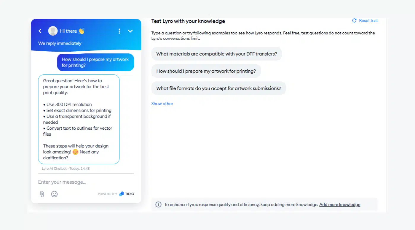 Lyro's Playground feature demonstrating how businesses can test chatbot responses to refine tone and align with brand identity.