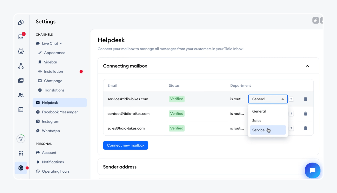 Helpdesk in Tidio’s Settings panel view