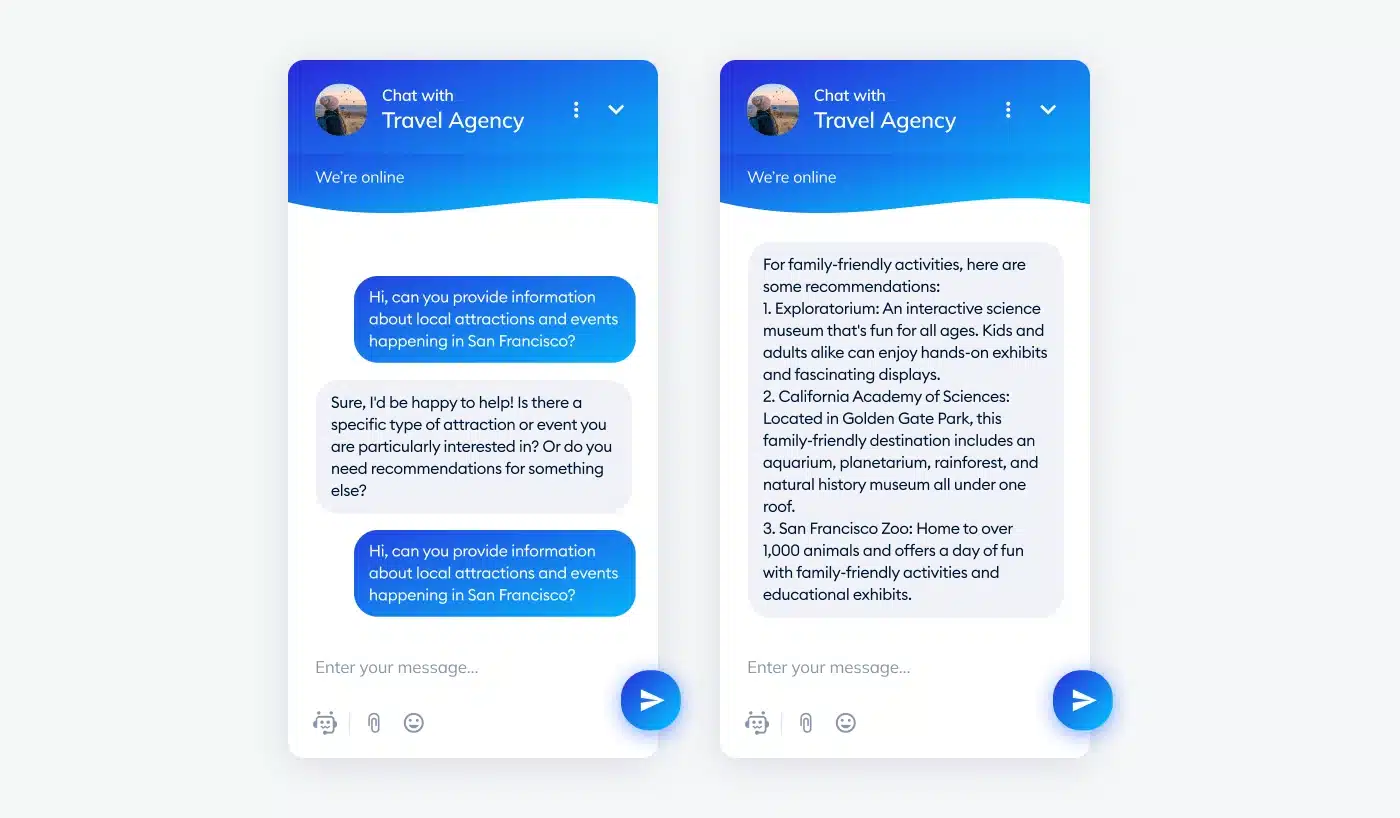 Lyro AI chatbot helping a user plan a trip by suggesting activities.