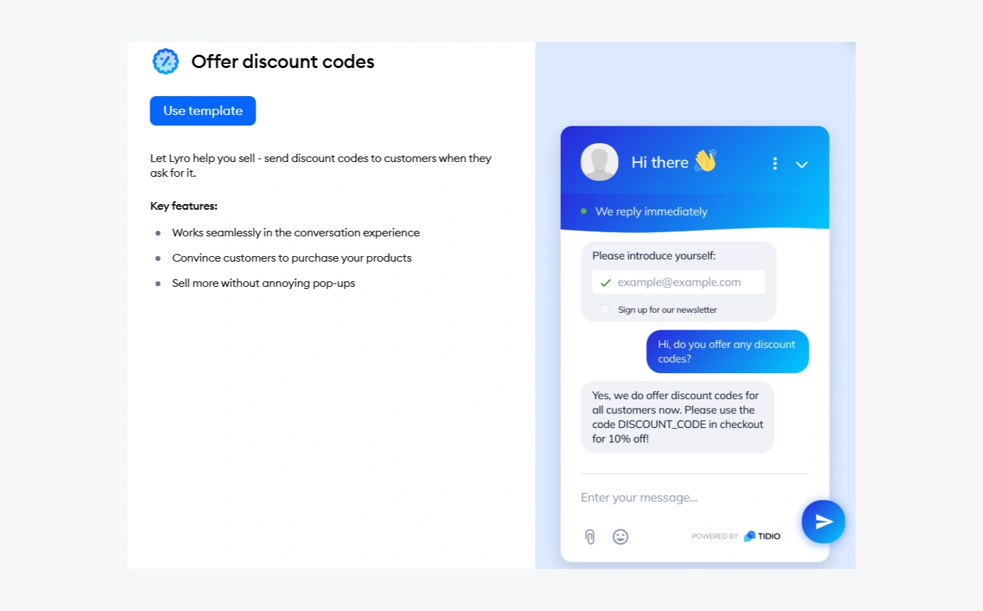 An overview of Lyro’s discount code template.