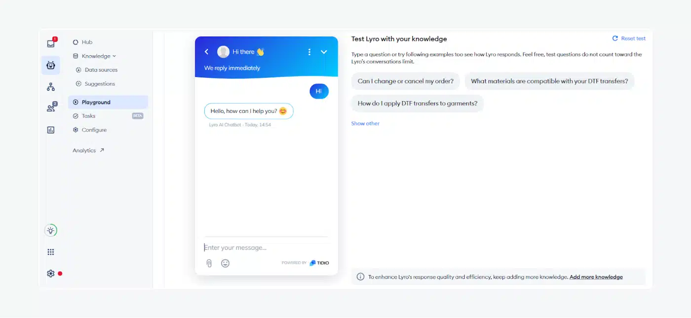 Lyro Playground panel for testing chatbot responses before launch.