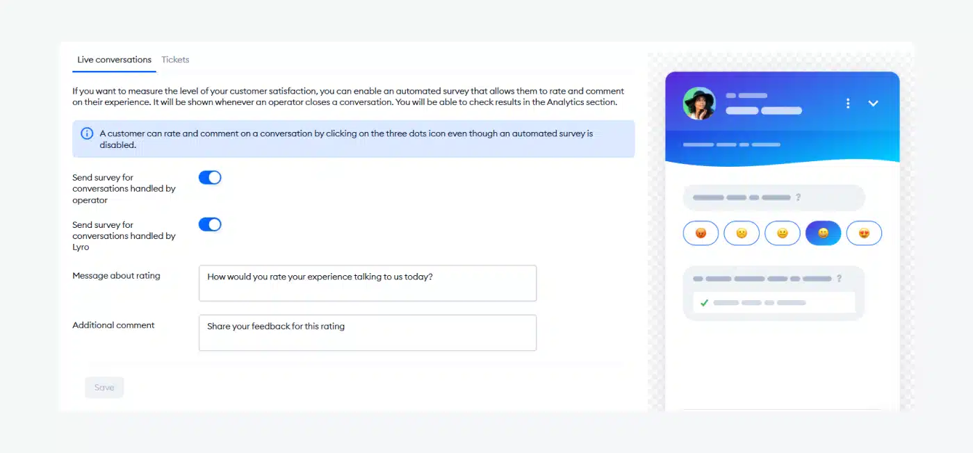 Tidio chatbot survey interface can be used to collect user feedback on chatbot interactions and refine the bot's persona.