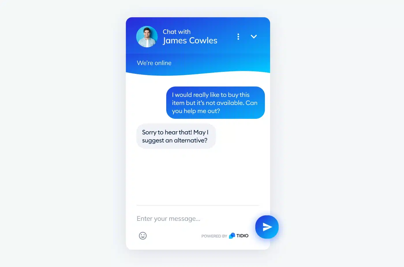 Tidio chat conversation using a positive script to suggest an alternative solution to a customer query.