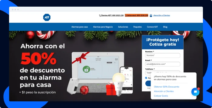 Screenshot showing Tidio chatbot widget on ADT Security Service's website