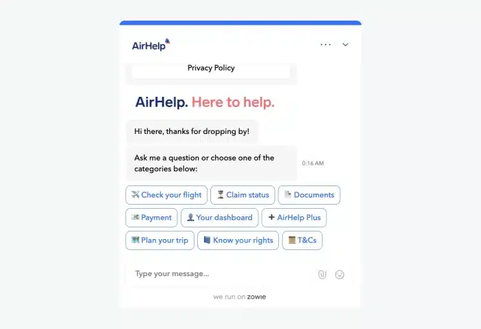 Snapshot of Airhelp's support chatbot