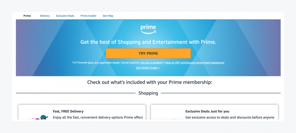 Amazon Prime Membership page