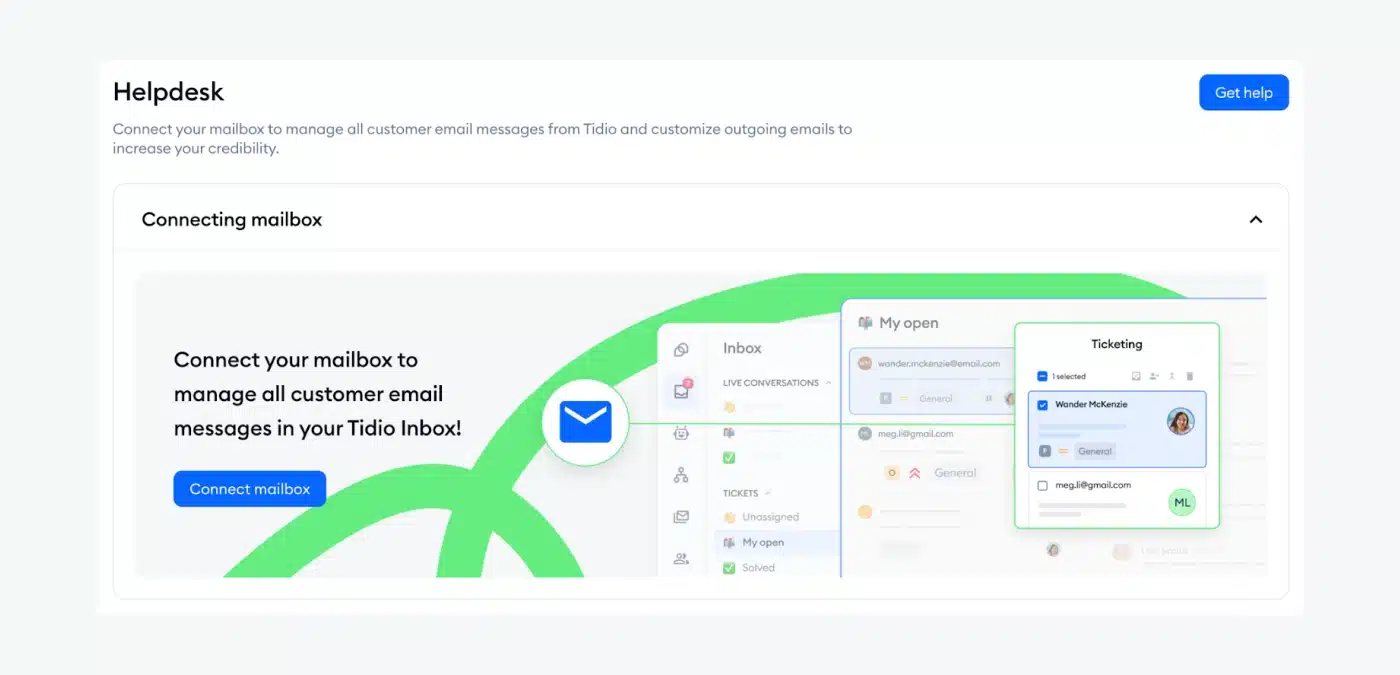 Screenshot showing Tidio Helpdesk's feature to connect Tidio to email mailbox