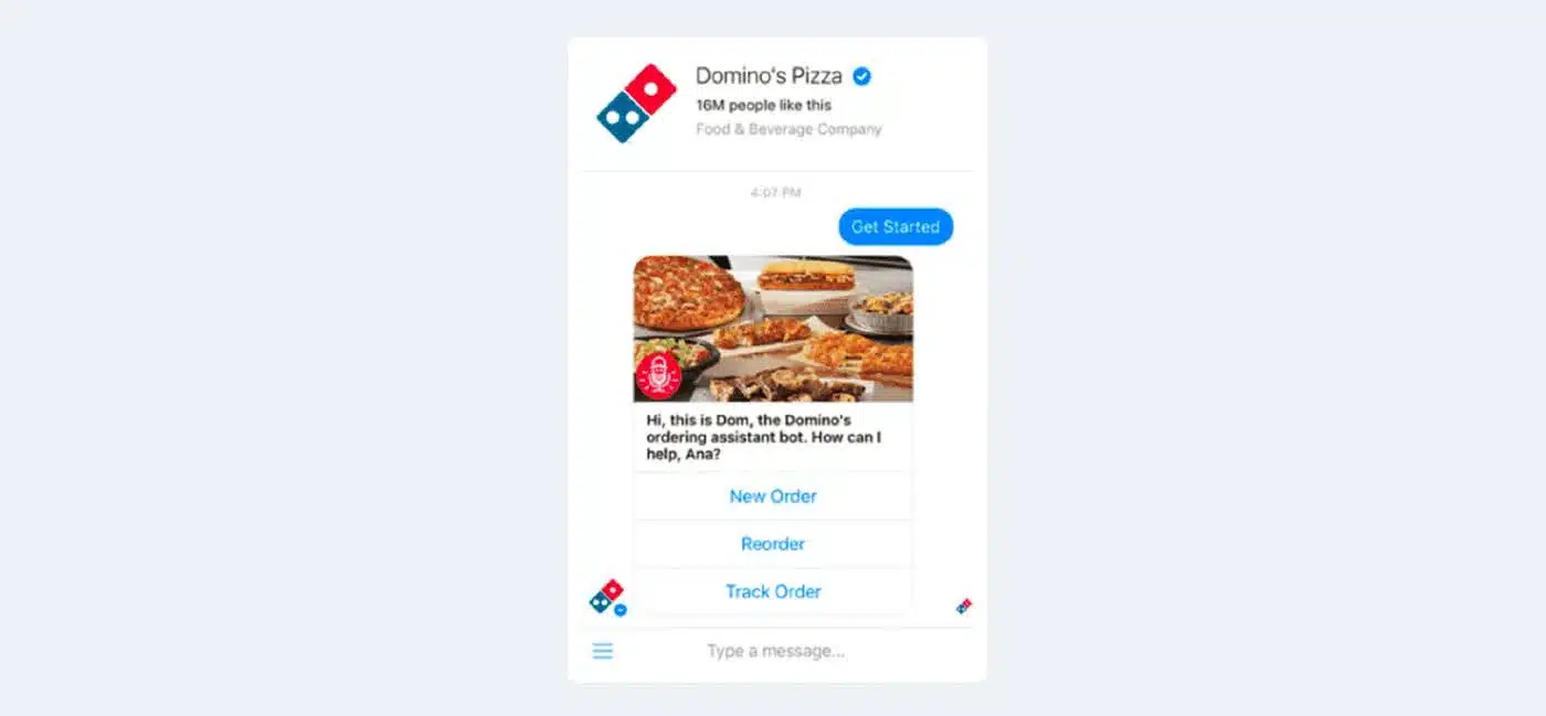 Domino’s chatbot gives the user choices of assistance