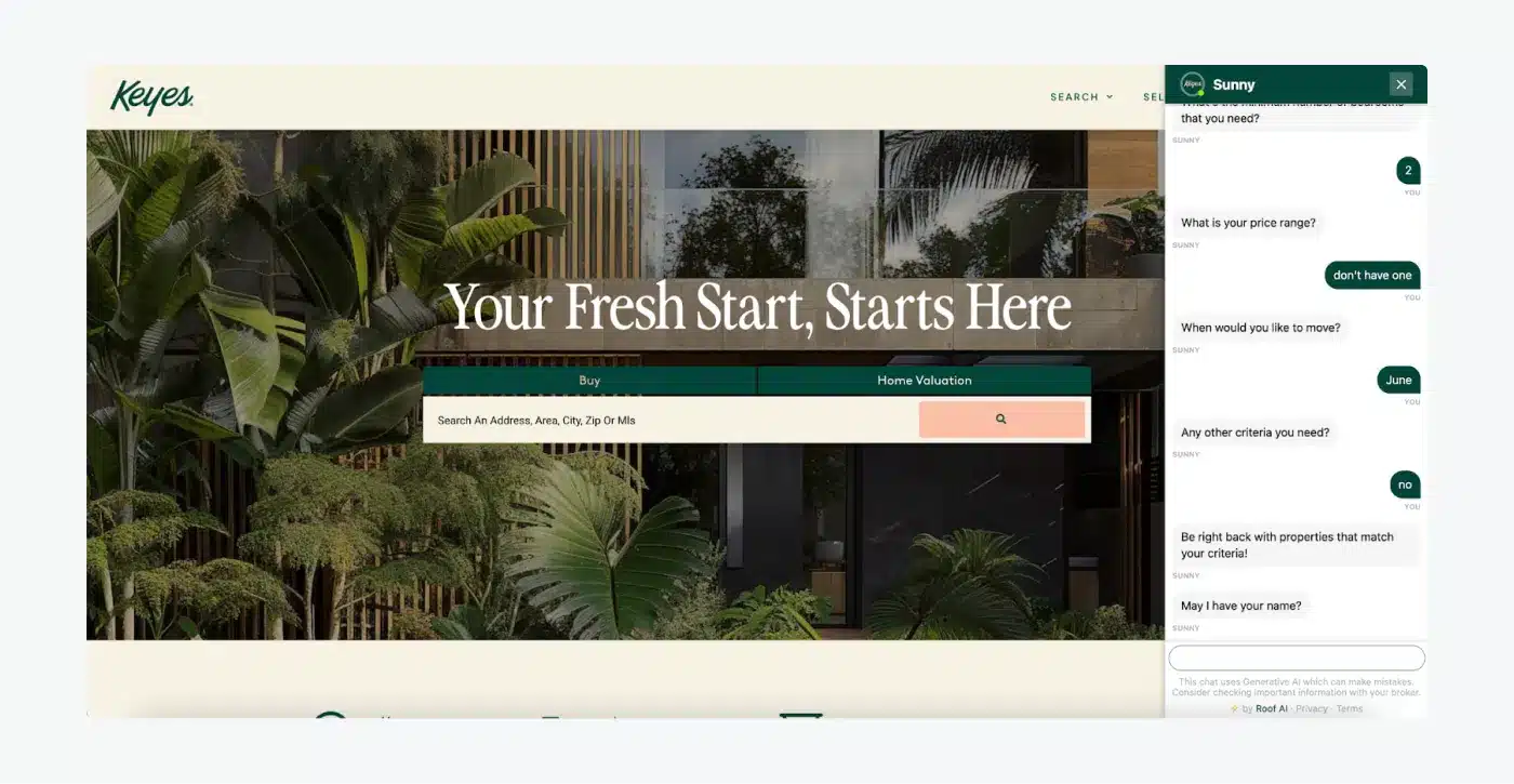  Real estate chatbot on the Keyes Company website