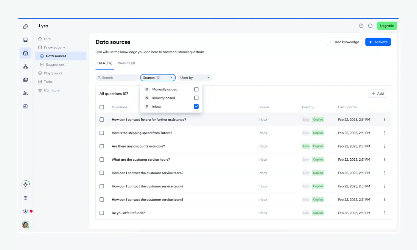 Screen of the Lyro data sources tab