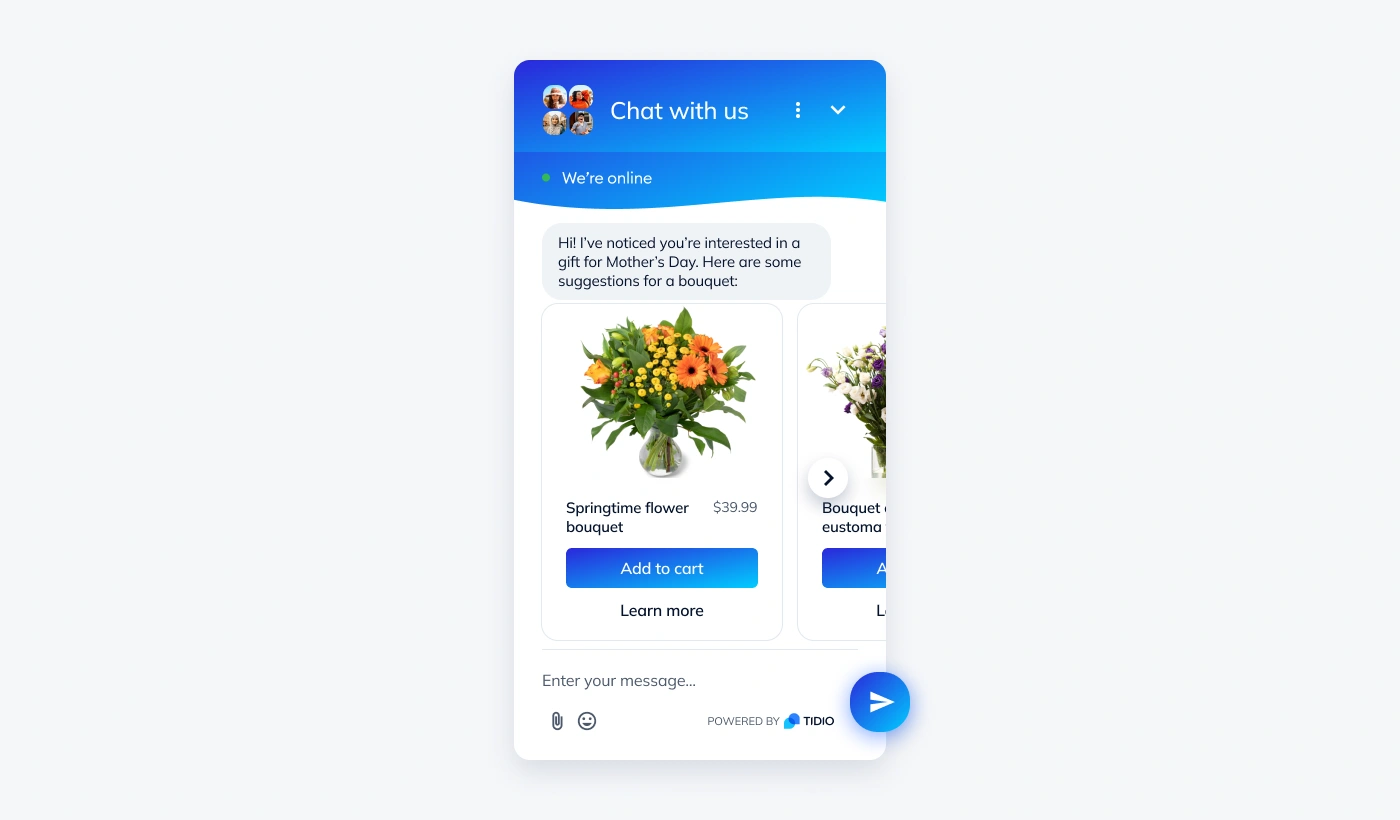 Lyro AI chatbot recommends a bouquet for the customer