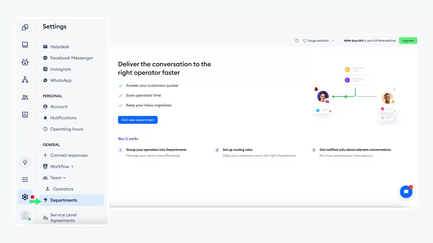 Dashboard showing how to set up Departments