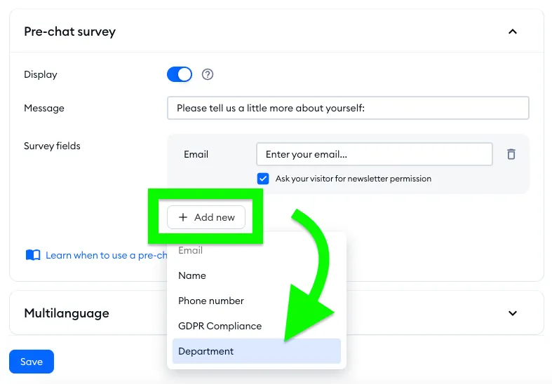 Dashboard of pre-chat surveys and add departments for clients to choose from