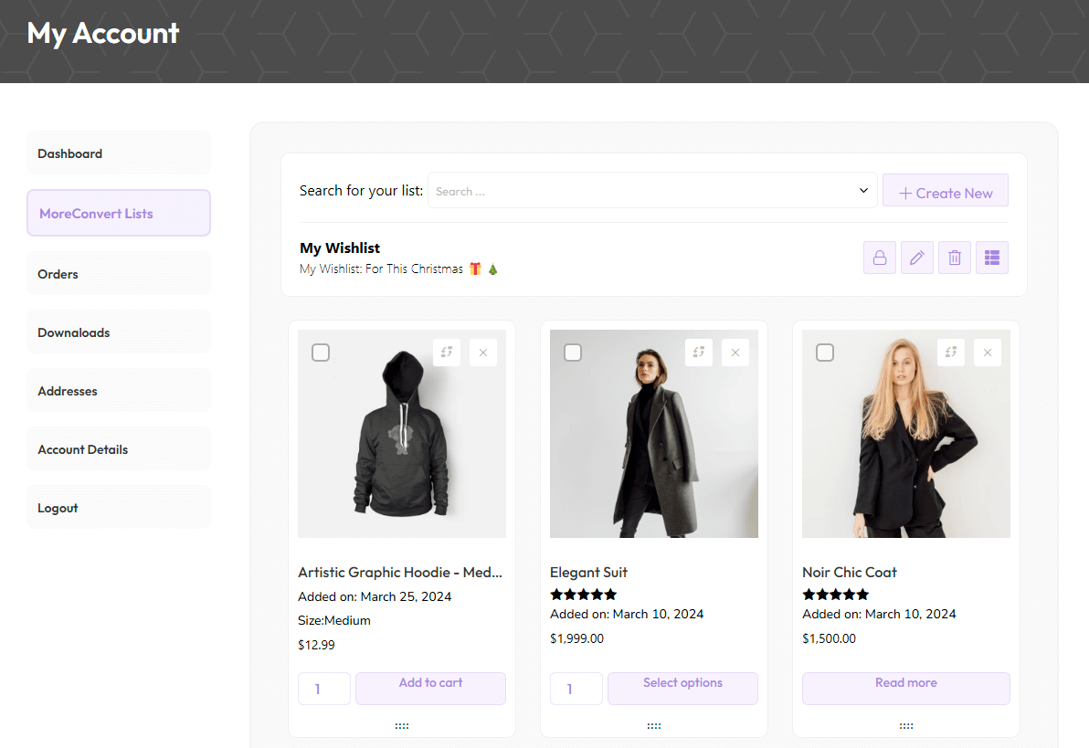 Snapshot of a wishlist feature on a website