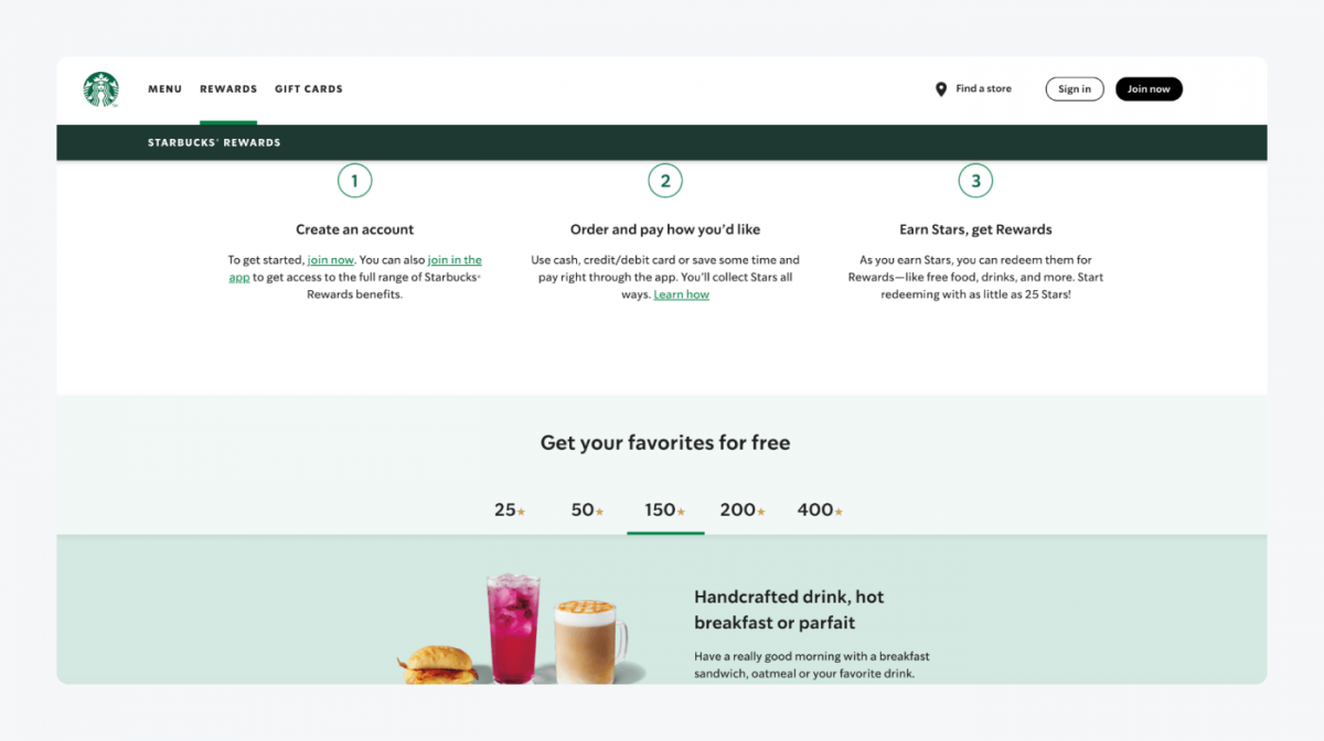 Starbucks's reward system landing page