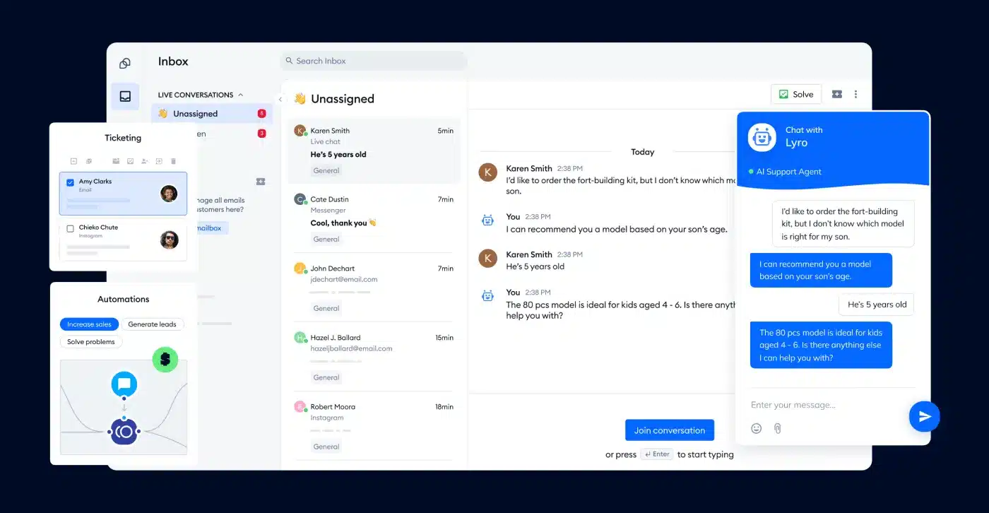 Tidio dashboard and chatbot