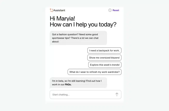 Screenshot showing Zalando's virtual assistant